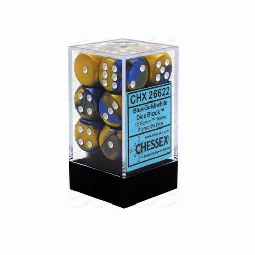 Σετ Ζάρια - 12 Gemini 16mm Pipped d6 - Blue-Gold with
White Dice Block