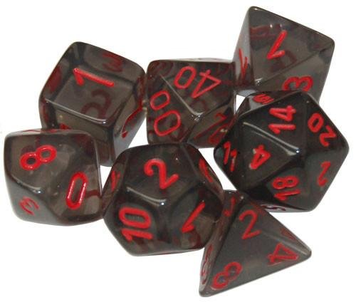CHESSEX 7 POLYHEDRAL DICE SET TRANSLUCENT SMOKE w/ RED NUMBERS CHX23018 rpg D&D 