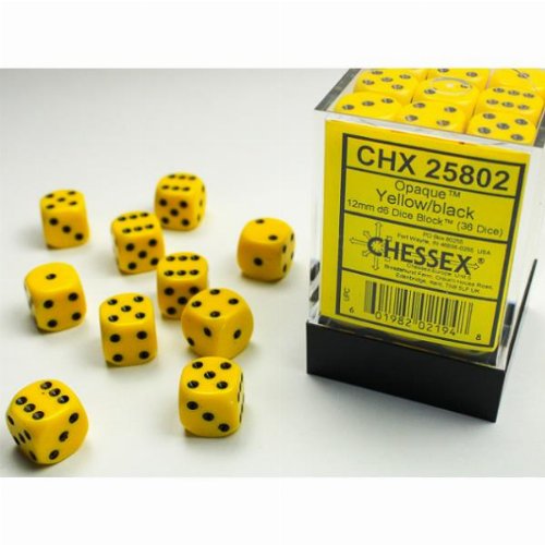 36 Opaque 12mm Pipped d6 - Yellow w/black Dice
Block