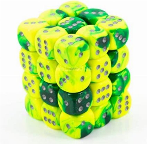 Σετ Ζάρια - 36 Gemini 12mm Pipped d6 - Green-Yellow
with Silver Dice Block