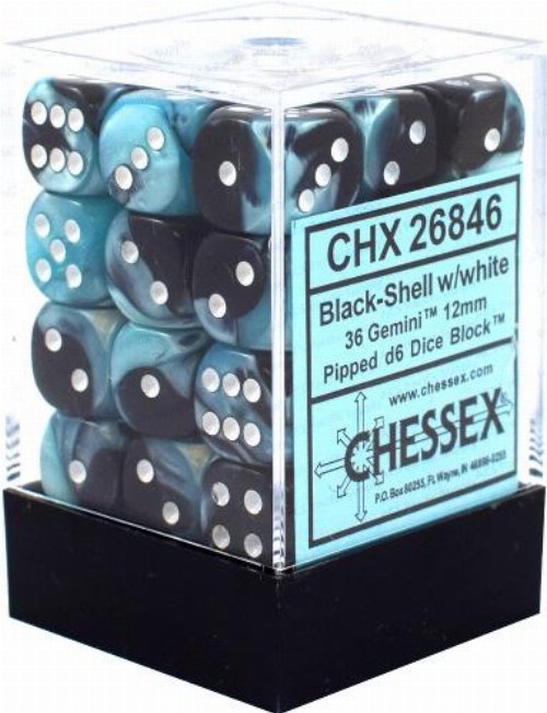 Σετ Ζάρια - 36 Gemini 12mm Pipped d6 - Black-Shell
with White Dice Block