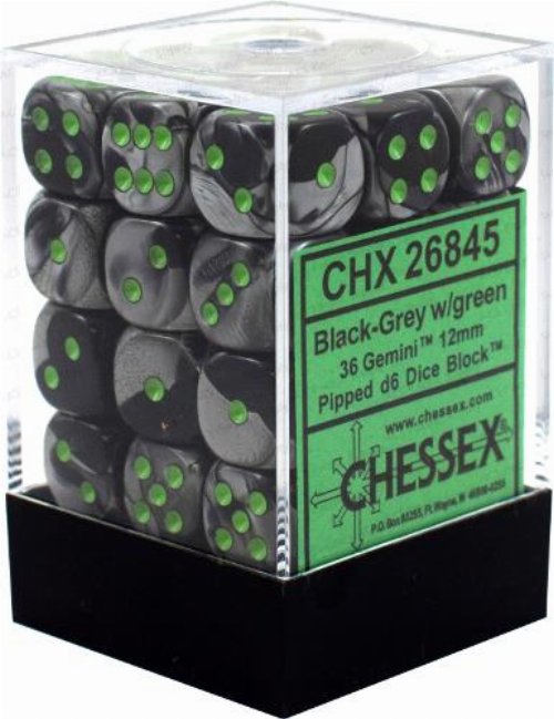 36 Gemini 12mm Pipped d6 - Black-Grey with Green
Dice Block