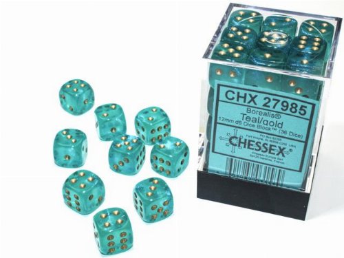 36 Borealis Luminary 12mm Pipped d6 - Teal with
Gold Dice Block