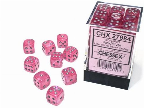 Σετ Ζάρια - 36 Borealis Luminary 12mm Pipped d6 - Pink
with Silver Dice Block