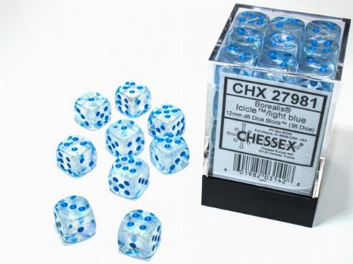 Σετ Ζάρια - 36 Borealis Luminary 12mm Pipped d6 -
Icicle with Light Blue Dice Block