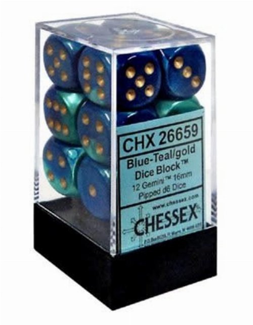 12 Gemini 16mm Pipped d6 - Blue-Teal with Gold
Dice Block