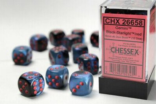 Σετ Ζάρια - 12 Gemini 16mm Pipped d6 - Black-Starlight
with Red Dice Block