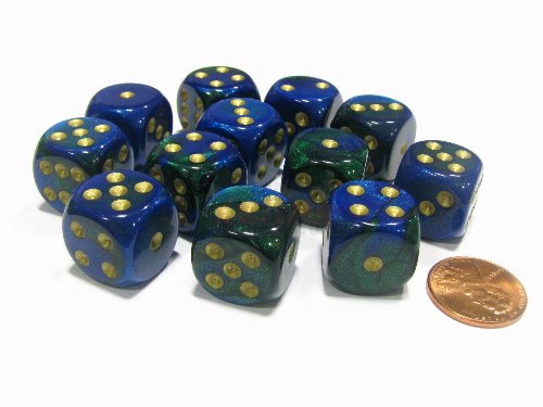 Σετ Ζάρια - 12 Gemini 16mm Pipped d6 - Blue-Green with
Gold Dice Block