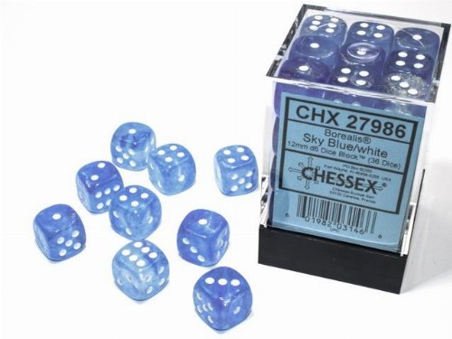 Σετ Ζάρια - 36 Borealis Luminary 12mm Pipped d6 - Sky
Blue with White Dice Block