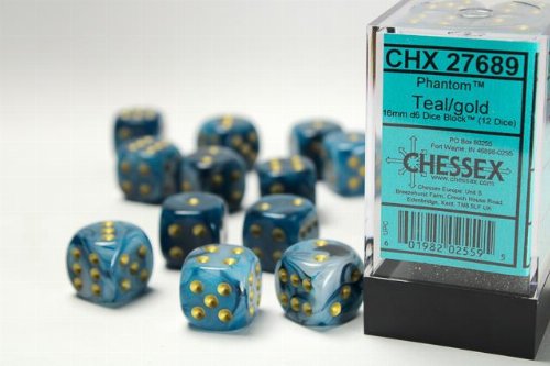 Σετ Ζάρια - 12 Phantom 16mm Pipped d6 - Teal with Gold
Dice Block