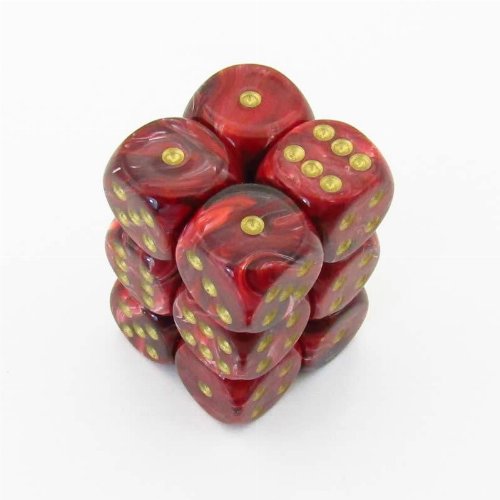 Σετ Ζάρια - 12 Vortex 16mm Pipped d6 - Burgundy with
Gold Dice Block