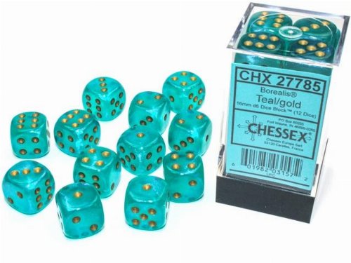 12 Borealis Luminary 16mm Pipped d6 - Teal with
Gold Dice Block