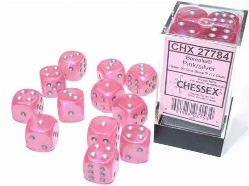 Σετ Ζάρια - 12 Borealis Luminary 16mm Pipped d6 - Pink
with Silver Dice Block