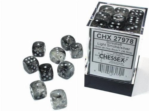 36 Borealis Luminary 12mm Pipped d6 - Light
Smoke with Silver Dice Block