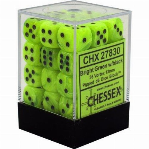 36 Vortex 12mm Pipped d6 - Bright Green with
Black Dice Block