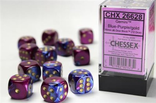 Σετ Ζάρια - 12 Gemini 16mm Pipped d6 - Blue-Purple
with Gold Dice Block