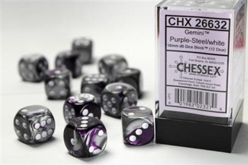 Σετ Ζάρια - 12 Gemini 16mm Pipped d6 - Purple-Steel
with White Dice Block