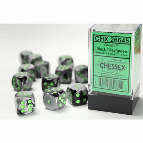 Σετ Ζάρια - 12 Gemini 16mm Pipped d6 - Black-Grey with
Green Dice Block