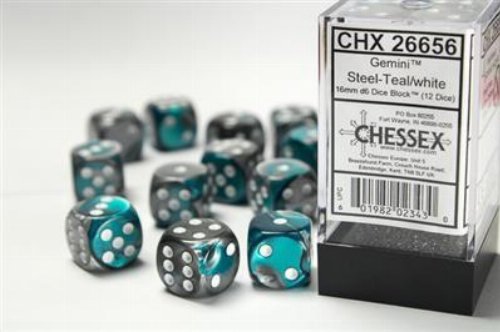 Σετ Ζάρια - 12 Gemini 16mm Pipped d6 - Steel-Teal with
White Dice Block