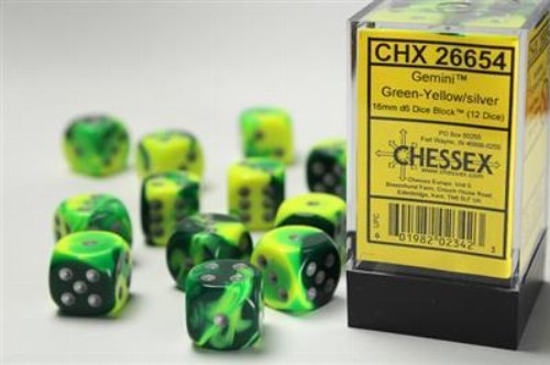 Σετ Ζάρια - 12 Gemini 16mm Pipped d6 - Green-Yellow
with Silver Dice Block