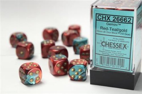 Σετ Ζάρια - 12 Gemini 16mm Pipped d6 - Red-Teal with
Gold Dice Block