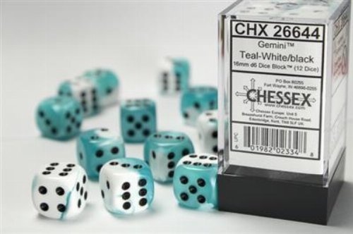 Σετ Ζάρια - 12 Gemini 16mm Pipped d6 - White-Teal with
Black Dice Block