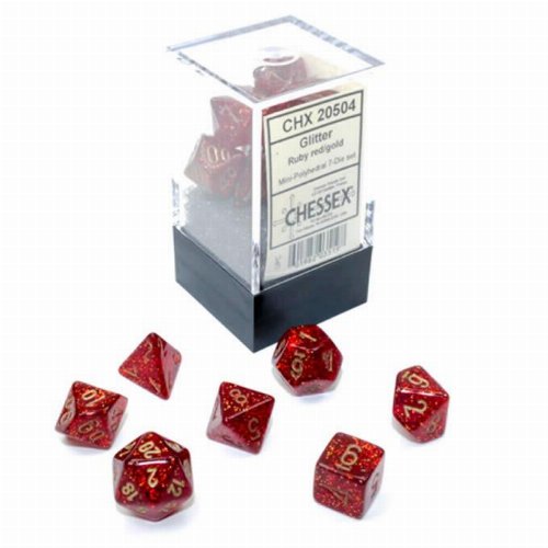 7 Mini Dice Set Polyhedral Glitter Ruby with
Gold