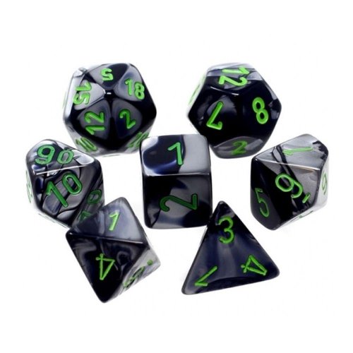 7 Mini Dice Set Polyhedral Gemini Black with
Grey/Green