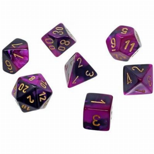 7 Mini Dice Set Polyhedral Gemini Black with
Purple/Gold