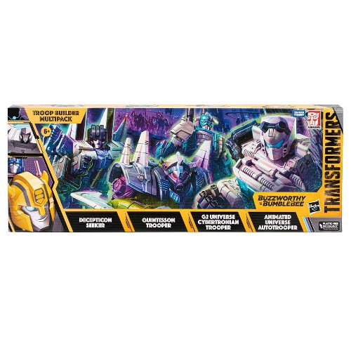 Transformers: Buzzworthy Bumblebee - Decepticon
Seeker, Quintesson Trooper, G2 Universe Ctbertronian Trooper,
Animated Universe Autotrooper 4-Pack Action Figures
(14cm)