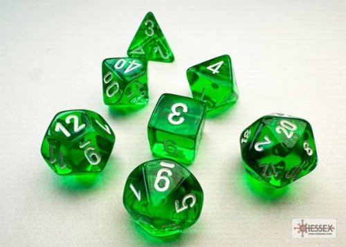 7 Mini Dice Set Polyhedral Translucent Green
with White