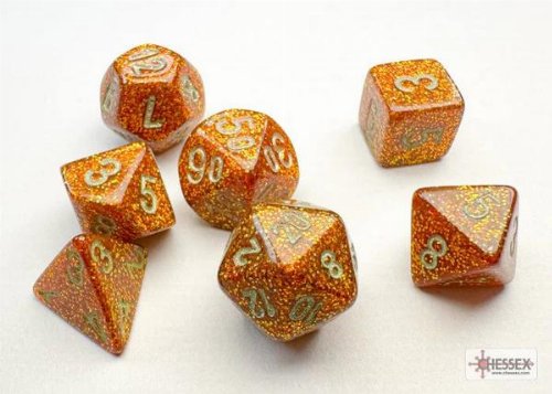 7 Mini Dice Set Polyhedral Glitter Gold with
Silver
