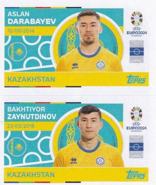 Topps - UEFA Germany Euro 2024 Sticker - KAZ 10.
Aslan Darabayev (Kazakhstan) + KAZ 11. Bakhtiyor Zaynutdinov
(Kazakhstan)