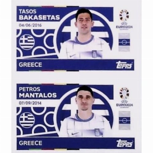 Topps - UEFA Germany Euro 2024 Sticker - GRE 12.
Tasos Bakasetas (Greece) + GRE 13. Petros Mantalos
(Greece)