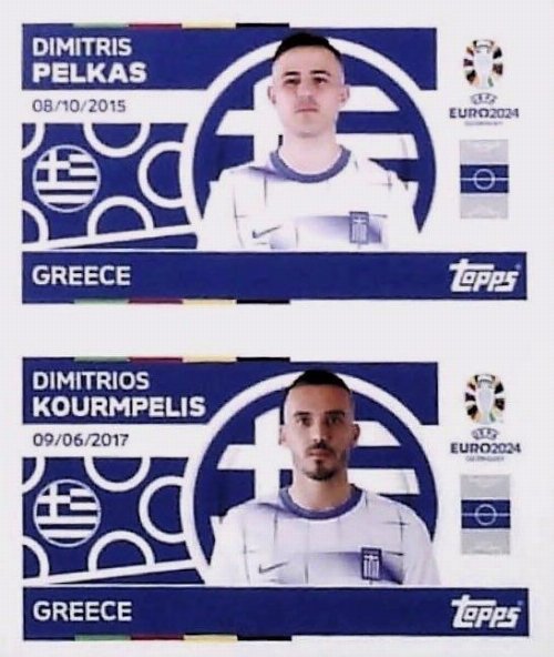 Topps - UEFA Germany Euro 2024 Sticker - GRE 10.
Dimitris Pelkas (Greece) + GRE 11. Dimitrios Kourmbelis
(Greece)