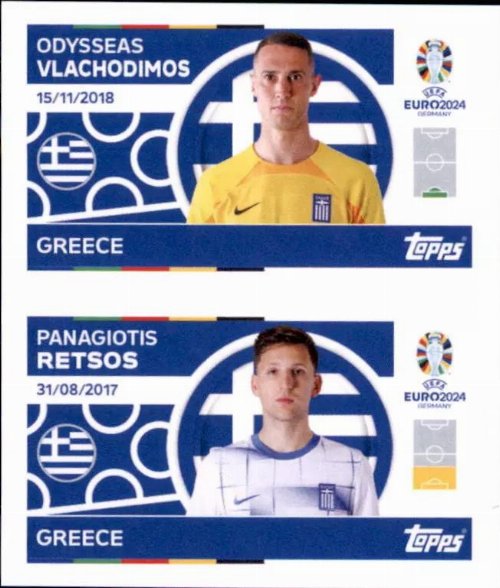 Topps - UEFA Germany Euro 2024 Sticker - GRE 2.
Odysseas Vlachodimos (Greece) + GRE 3. Panagiotis Retsos
(Greece)