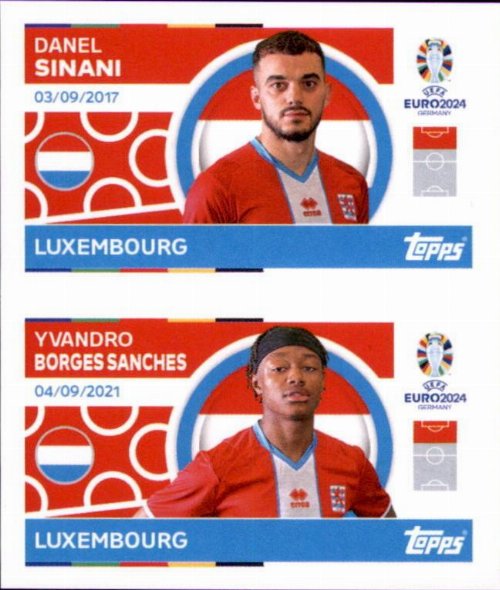 Topps - UEFA Germany Euro 2024 Sticker - LUX 14.
Danel Sinani (Luxembourg) + LUX 15. Yvandro Borges Sanches
(Luxembourg)