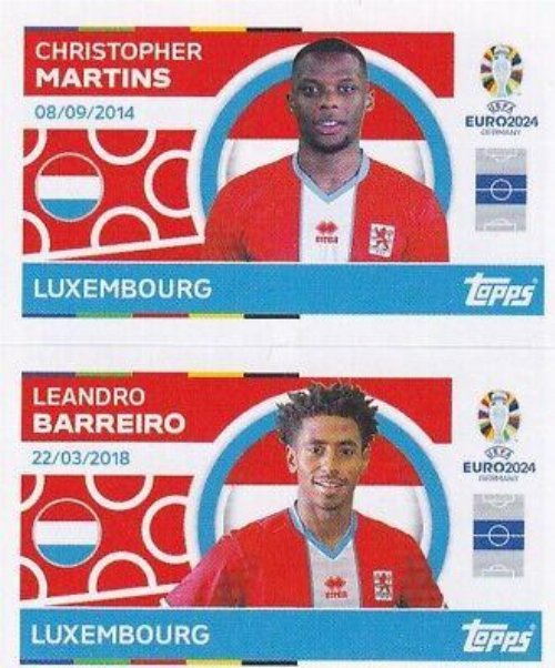 Topps - UEFA Germany Euro 2024 Sticker - LUX 10.
Christopher Martins (Luxembourg) + LUX 11. Leandro Barreiro
(Luxembourg)