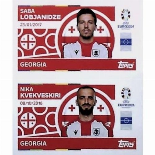 Topps - UEFA Germany Euro 2024 Sticker - GEO 10.
Saba Lobjanidze (Georgia) + GEO 11. Nika Kvekveskiri
(Georgia)