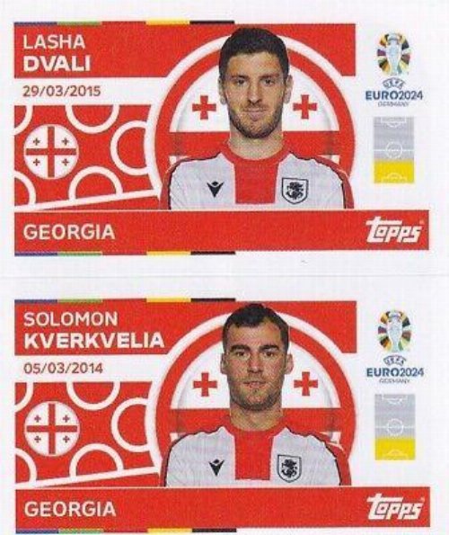 Topps - UEFA Germany Euro 2024 Sticker - GEO 6.
Lasha Dvali (Georgia) + GEO 7. Solomon Kverkvelia
(Georgia)