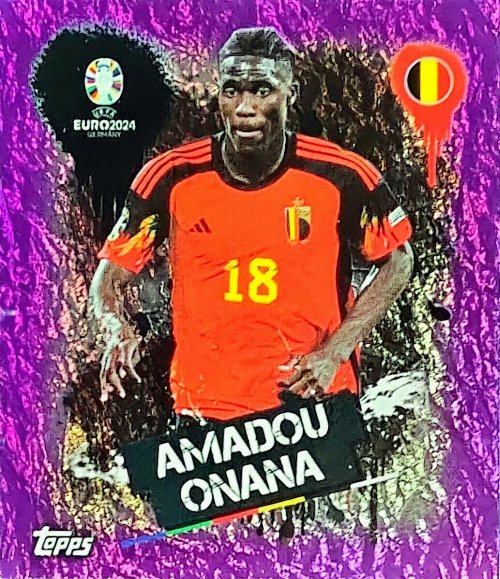 Topps - UEFA Germany Euro 2024 Αυτοκόλλητο - BEL 3.
Amadou Onana (Belgium) - Purple Parallel Foil