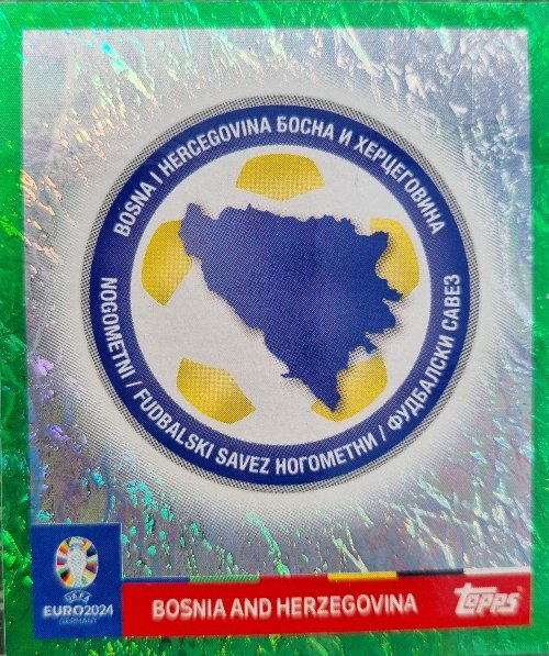 Topps - UEFA Germany Euro 2024 Sticker - BIH 1.
Logo (Bosnia and Herzegovina) - Green Parallel
Foil