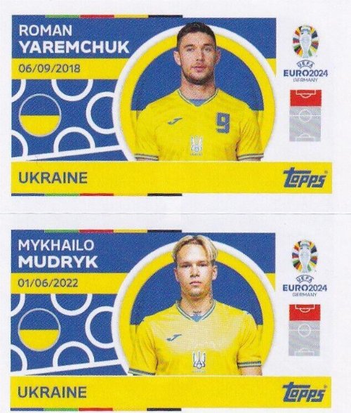 Topps - UEFA Germany Euro 2024 Sticker - UKR 14.
Roman Yaremchuk (Ukraine) + UKR 15. Mykhailo Mudryk
(Ukraine)