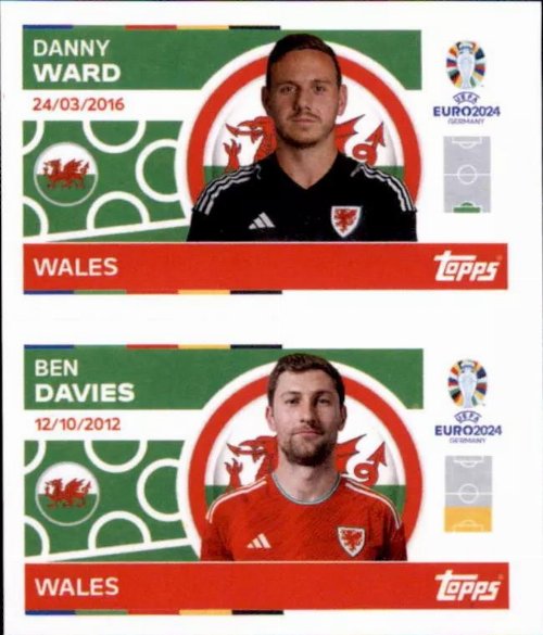 Topps - UEFA Germany Euro 2024 Αυτοκόλλητο - WAL 2.
Danny Ward (Wales) + WAL 3. Ben Davies (Wales)