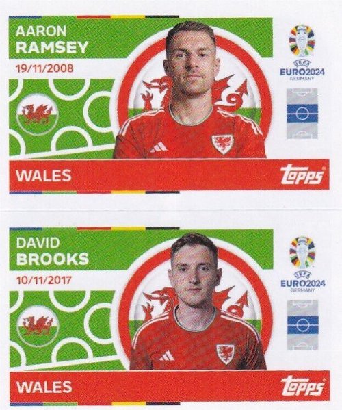 Topps - UEFA Germany Euro 2024 Αυτοκόλλητο - WAL 8.
Aaron Ramsey (Wales) + WAL 9. David Brooks (Wales)