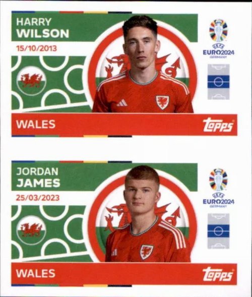 Topps - UEFA Germany Euro 2024 Sticker - WAL 10.
Harry Wilson (Wales) + WAL 11. Jordan James
(Wales)