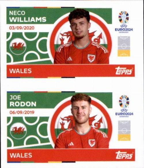 Topps - UEFA Germany Euro 2024 Αυτοκόλλητο - WAL 4.
Neco Williams (Wales) + WAL 5. Joe Rodon (Wales)