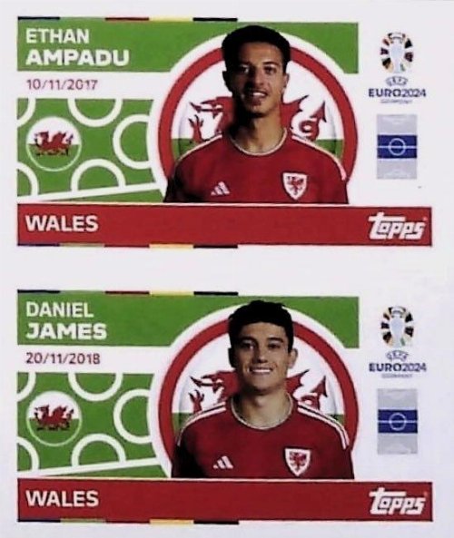 Topps - UEFA Germany Euro 2024 Sticker - WAL 12.
Ethan Ampadu (Wales) + WAL 13. Daniel James
(Wales)