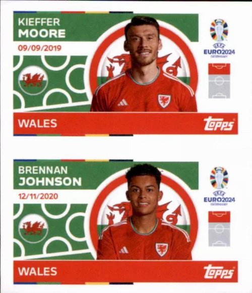 Topps - UEFA Germany Euro 2024 Sticker - WAL 14.
Kieffer Moore (Wales) + WAL 15. Brennan Johnson
(Wales)