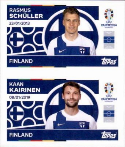 Topps - UEFA Germany Euro 2024 Sticker - FIN 10.
Rasmus Schüller (Finland) + FIN 11. Kaan Kairinen
(Finland)